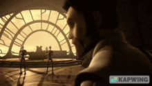 a man is standing in front of a large clock and the word kapwing is on the bottom right