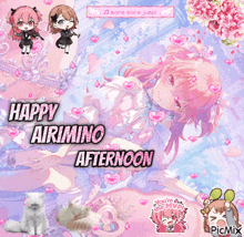 a happy airimino afternoon greeting card with a girl and a cat