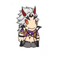 a pixel art of a cartoon character with horns and a purple shirt .