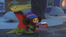 a crocodile carrying a stuffed animal and a box