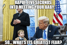 a meme of a man in a suit sitting at a desk
