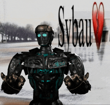 a robot is standing in front of a sign that says sybau on it