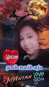 a picture of a woman with a heart that says welcome