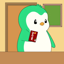 a penguin is holding a red agw card