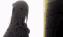 a girl with long white hair is standing in front of a wall