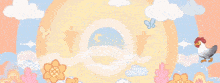 a cartoon of chickens and a cat with a butterfly in the sky