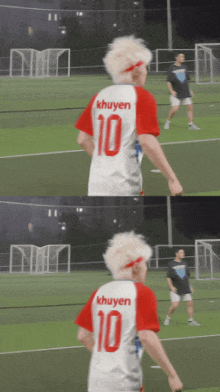 a man wearing a red and white shirt with the number 10 on it