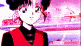 a girl in a red vest is standing in front of a store and smiling .