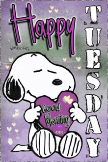 a cartoon of snoopy holding a purple heart that says " good morning "