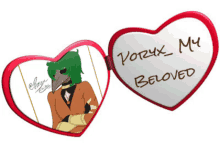 a heart shaped mirror has a picture of a man with green hair and the words " vorux my beloved " written on it