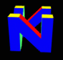 a blue , green , and yellow letter n with a red stripe on a black background .