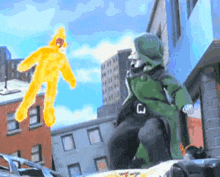 a man in a green coat is standing in front of a building with a yellow figure flying in the air
