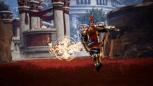 a video game character is flying through the air in front of a castle