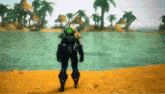 a video game character is standing on a sandy beach near a body of water .