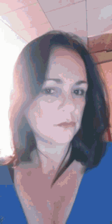 a woman in a blue shirt looks at the camera