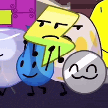 a group of cartoon characters are standing next to each other and one of them has a face on it .