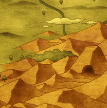 a cartoon character is standing on a hill with trees in the background