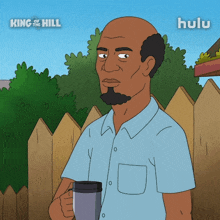 a cartoon of a man holding a coffee mug with the words king of the hill behind him