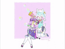 a drawing of a girl blowing soap bubbles and another girl with a gun