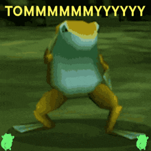 a frog is dancing in front of a sign that says tommmmmmyyyyy