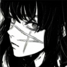 a black and white drawing of a girl with a cross across her face