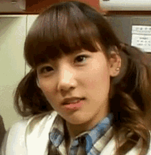a close up of a girl 's face with pigtails and a plaid shirt