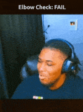 a picture of a man wearing headphones with the words elbow check fail below him
