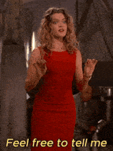a woman in a red dress says " a little too personal " in yellow letters