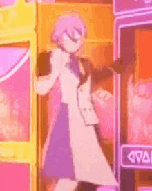 a girl in a trench coat is standing in front of a pink wall .