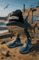 a shark wearing a black beanie that says blazzard on it