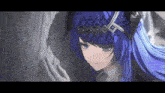 a girl with blue hair and blue eyes is leaning against a wall with her hand on it .