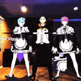 three anime characters are standing in front of a sign that says viggle on it