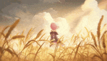 a girl with pink hair is standing in a field