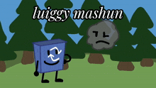 a cartoon drawing of a dumpster and a rock with the words luiggy mashun written on it