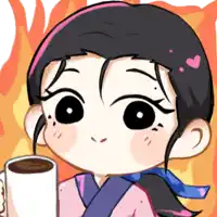 a cartoon of a girl holding a cup of coffee with flames in the background