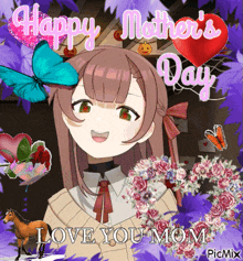 a happy mother 's day greeting card with a girl surrounded by flowers and butterflies