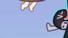 a cartoon character is standing on a purple surface with a donut on his head .