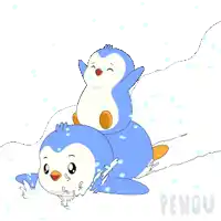 a penguin is riding another penguin in the snow with the word pengu below it