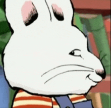 a cartoon rabbit wearing overalls and a striped shirt is making a funny face .