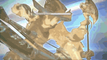 a statue of a man holding a sword and an axe with the words " i am unable to join fire " on the screen