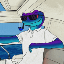 a lizard wearing sunglasses and smoking a pipe is sitting on a boat