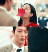 a woman with a red sticky note on her face looks at a man