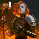 a woman in armor is holding a large axe