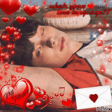 a picture of a man laying down with a heart that says " my heart "