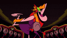 a cartoon character in a red and purple outfit with green eyes and a lightning bolt on his head