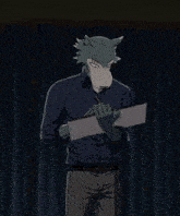 a cartoon character holding a sign that says play