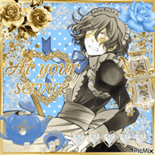 a picture of a man dressed as a maid with the words at your service