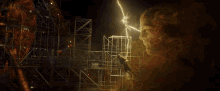 a lightning bolt strikes a scaffolding structure
