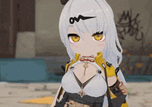 a cartoon girl with white hair and yellow eyes is holding a gun .