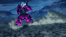 a purple robot with a green sword is flying in the air